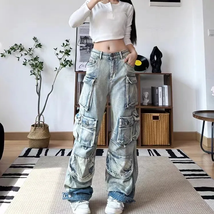 American Spice Girl Heavy Industry High Street Multi-Pocket Wide Leg Hip Hop Jeans Y2K High Waist Baggy Straight Pants Tide