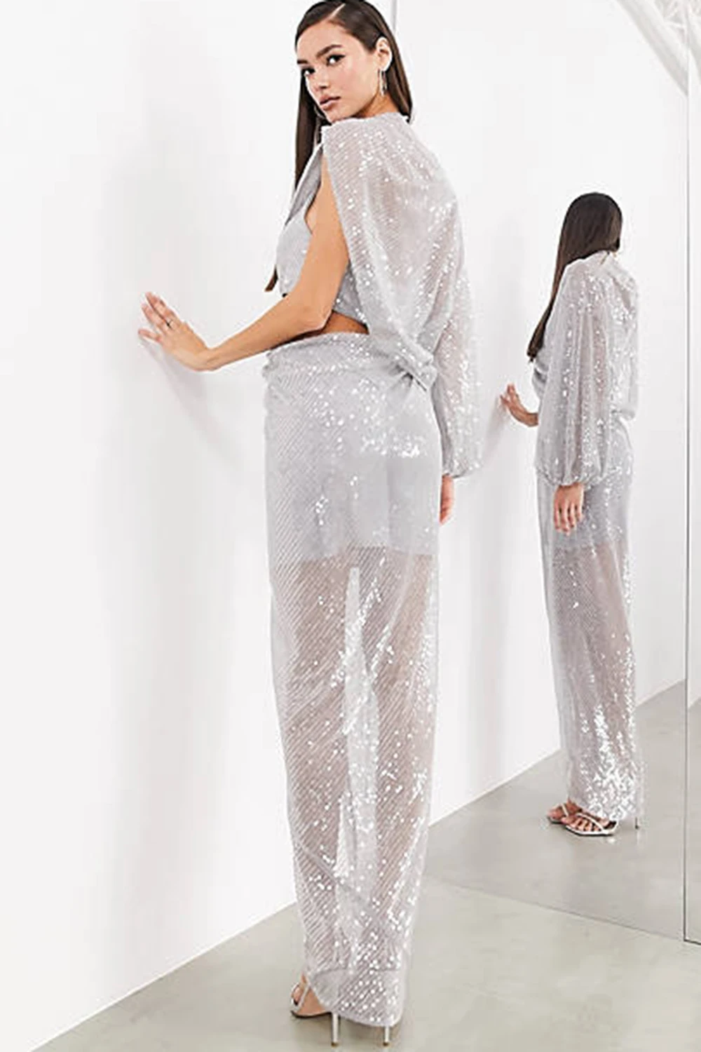 Feminino elegante uma manga festa oco vestido de noite prata saia longa fenda apertada lápis lantejoulas midi saia primavera outono outfit