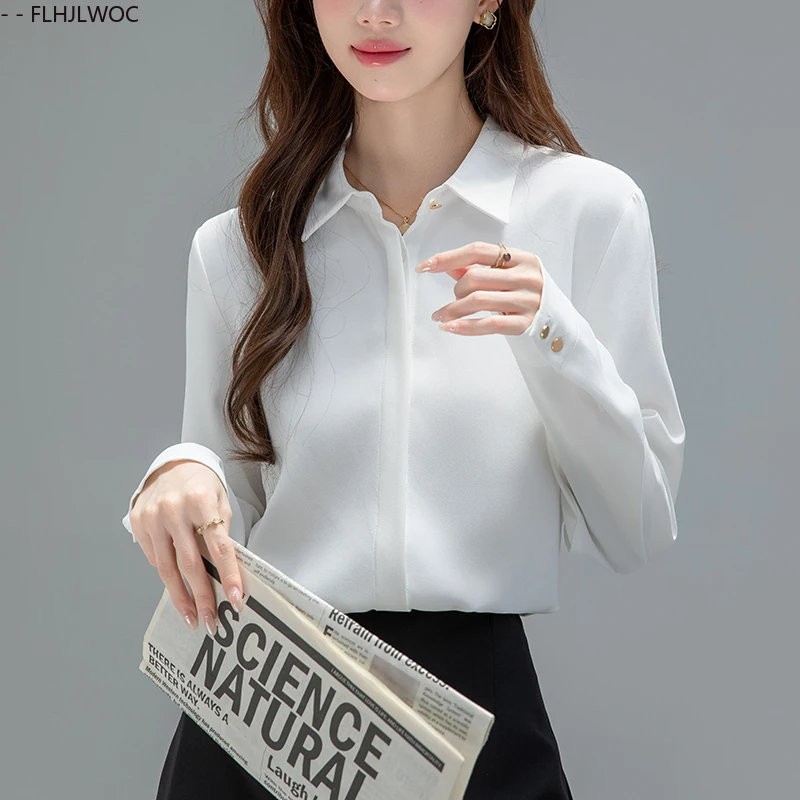 フレンチデザイン白シャツ新 FLHJLWOC ファッション女性秋長袖オフィスレディ黒エレガントな通勤ワークトップスブラウス