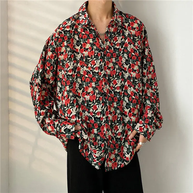 Spring New Trend Men's Clothing Vintage Hong Kong Breeze Oversized Long Sleeve Lapel Single-breasted Fashion Printed Loose Shirt