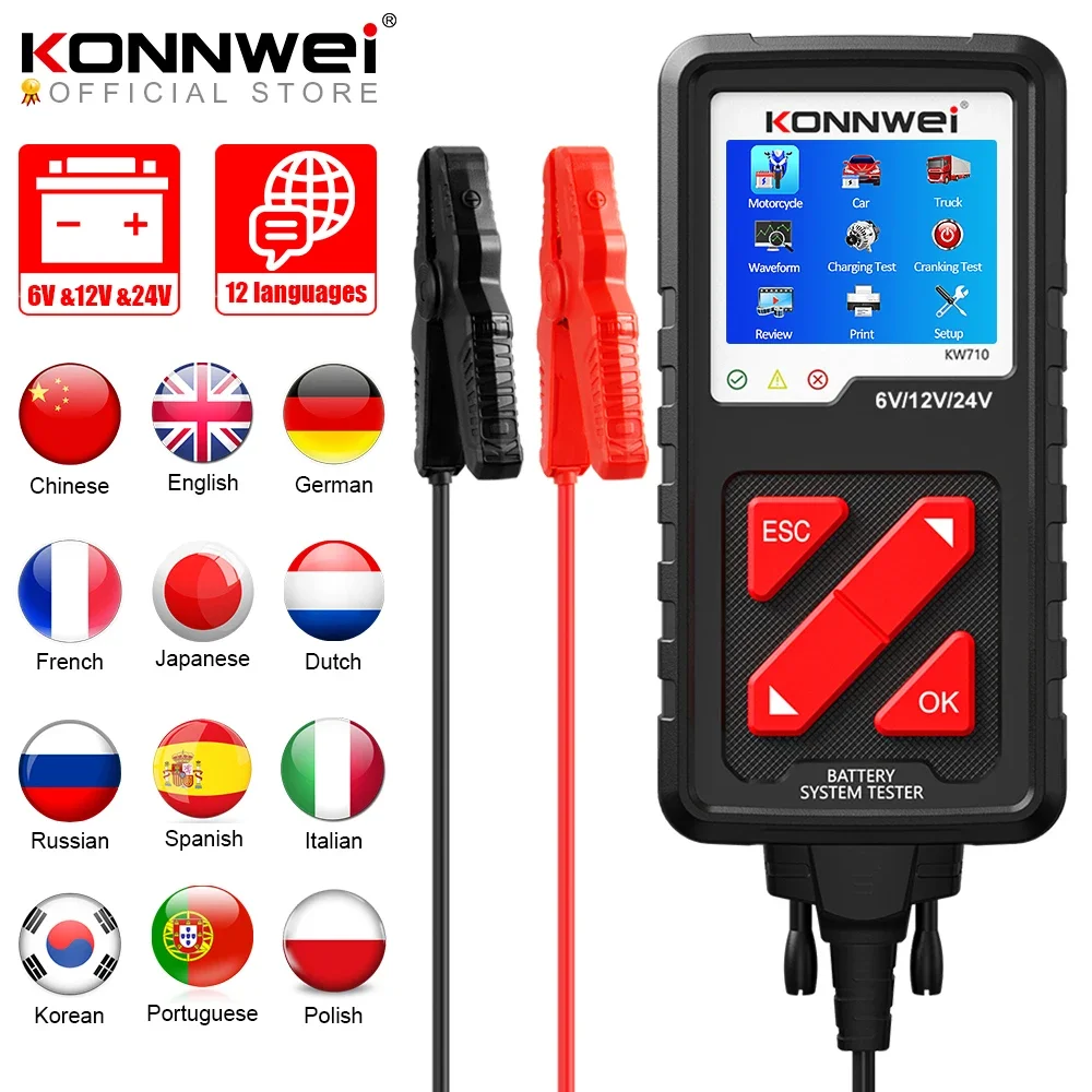 

KONNWEI KW710 тестер аккумулятора для мотоцикла, автомобиля, грузовика, 6 В, 12 В, 24 В, анализатор аккумулятора 2000 CCA, инструменты для тестирования зарядки и зарядки для автомобиля