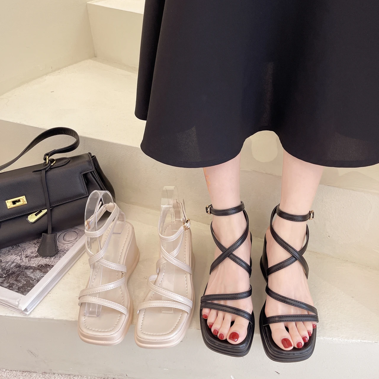 

Fairy-style Open-toe Wedge Sandals for Women, Summer Cross-strap Tie-up Platform Roman Shoes