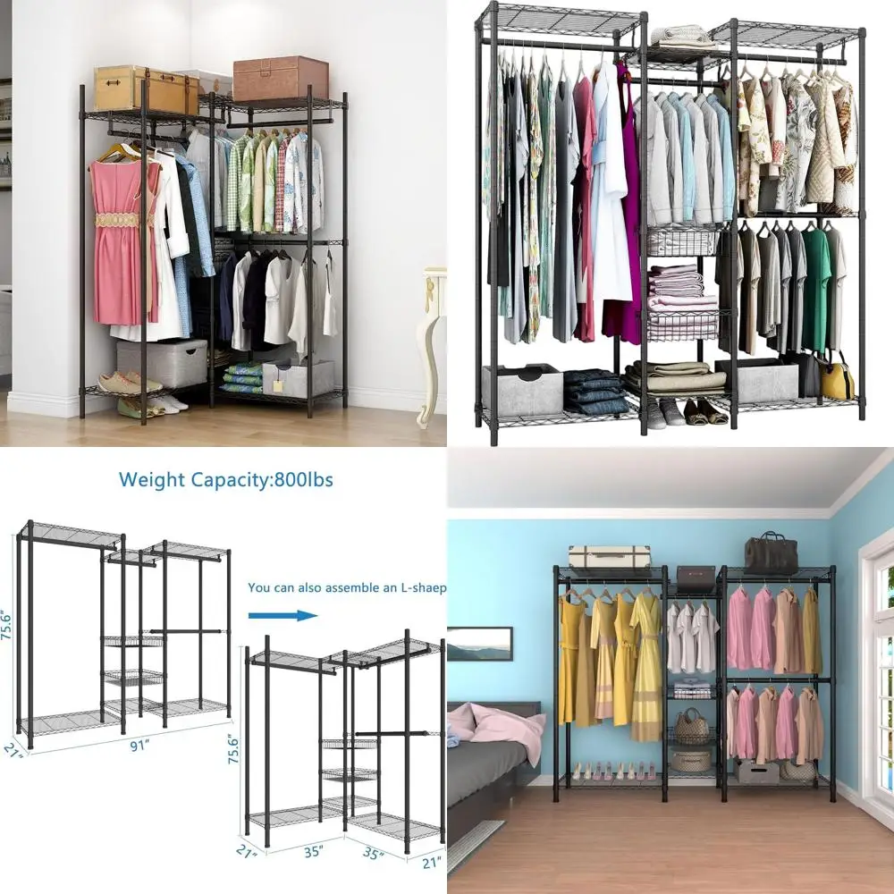 Sturdy Wire Clothes Rack with Adjustable Shelves & 2 Fixed Baskets, 60.7L x 15.7W x 70.5H, Max 720LBS Load Capacity, Black