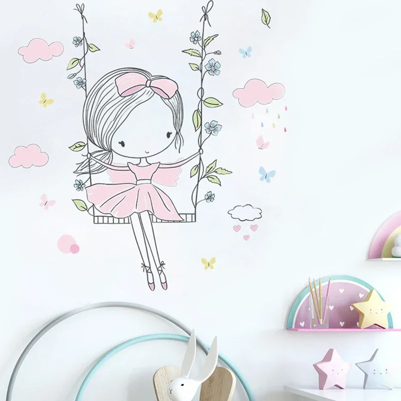 Cute Girl on The Swing Wall Stickers for Girls Bedroom Living Room Wall Decor Vinyl Home Decor Art Mural Sticker Anime Bathroom