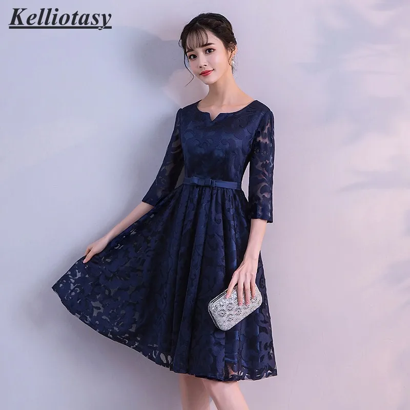 Navy Blue Bridesmaid Dresses Aline Lace Short Bridesmaid Gown With Sleeves Waist Belt Girls Party Dress