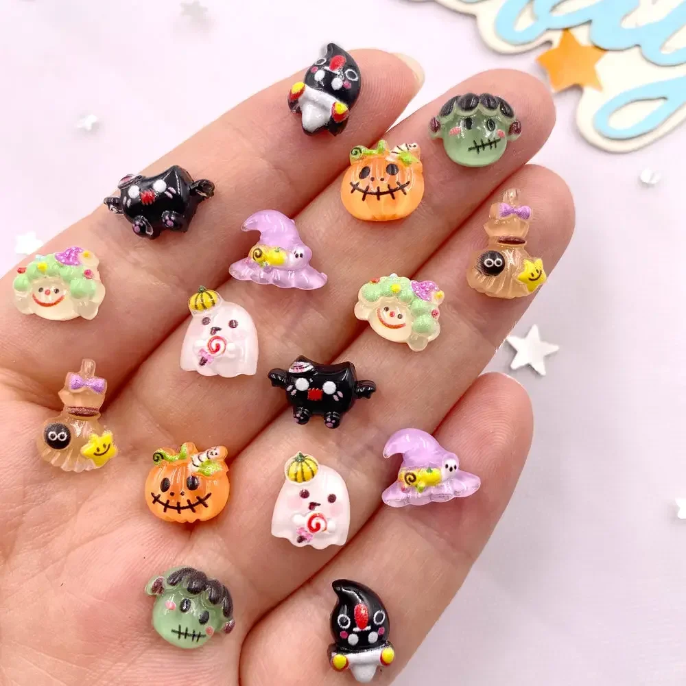 50pcs Resin Glitter Colorful Girl Skirt Cathead Pumpkin Clown Ghost Flatback Figurines Nail Art DIY Scrapbook Accessories L812 S