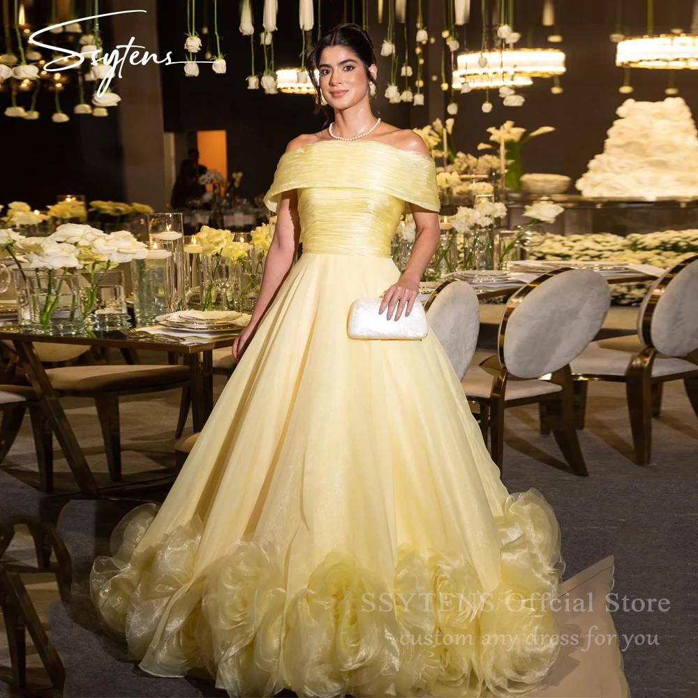 

SSYTENS Luxury Yellow Evening Dresses for Women 3D Flowers Sleeveless Wedding Prom Gowns Dubai Vestidos De Fiesta Customized