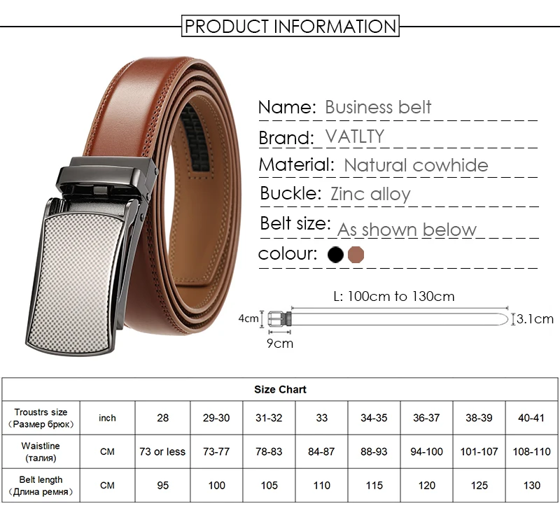 VATLTY 31mm Ledergürtel für Männer Legierung automatische Schnalle ohne Löcher Männer brauner Gürtel natürlicher Rindsleder Anzug Gürtel männlich – Detail 3