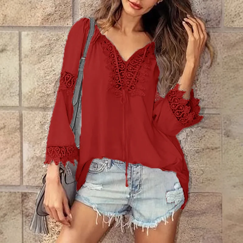 Women\'s Lace Patchwork Casual Shirt Spring And Summer New Long Sleeve V-neck Solid Color Loose Top 2025 Commuter Clothing