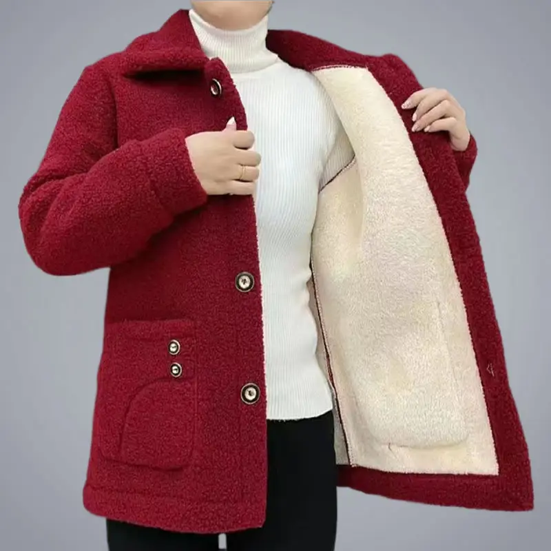 Autunno Inverno New Fashion Manica lunga Colletto rovesciato Parka in lana di agnello solido Abbigliamento donna Bottoni coreani Top caldi tutto-fiammifero