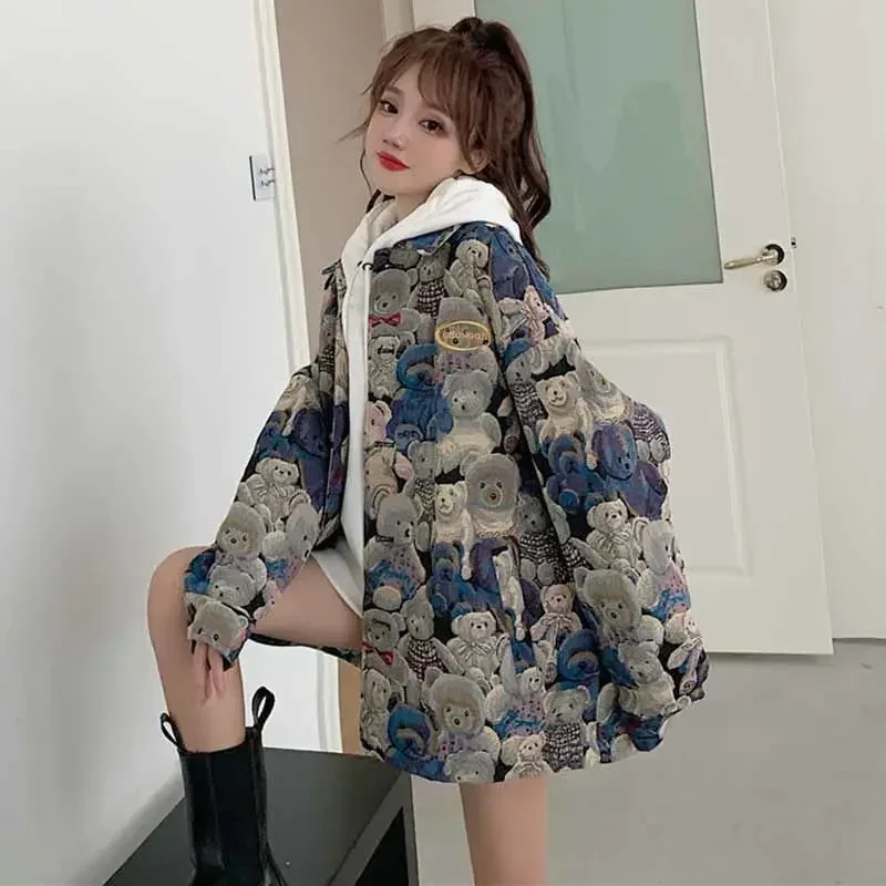 2025 Vintage Bear Print Shirts Jacket Women Spring Autumn New Long Sleeve Blouse Korean Style Loose Button Down Shirt for Woman