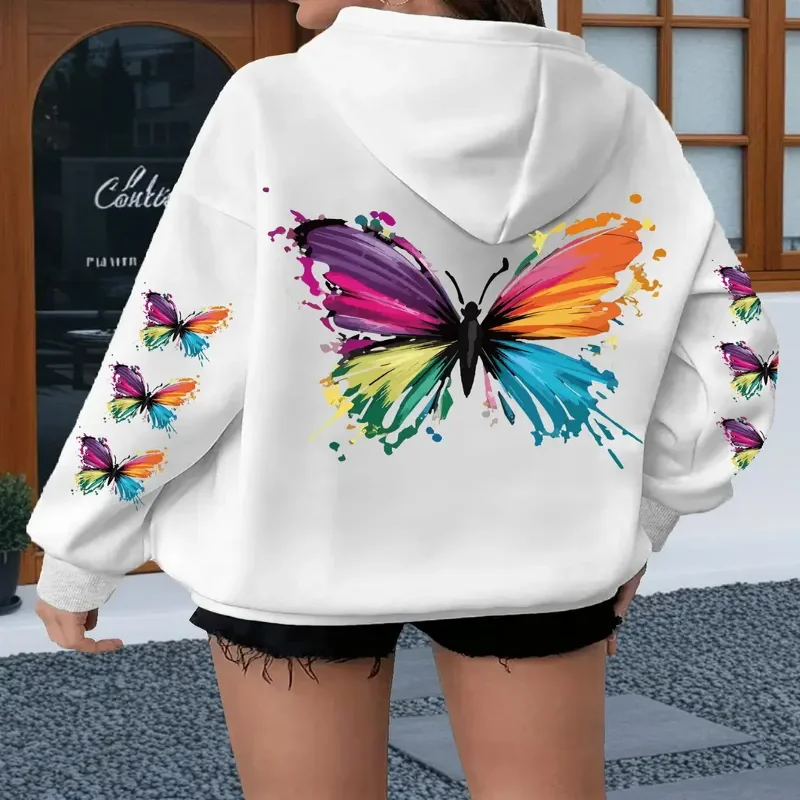 Oversized Casual Pullover With Kangaroo Pocket And Drawstring Hood Vibrant Plus Size Rainbow Butterfly Print Graphic Hoodie