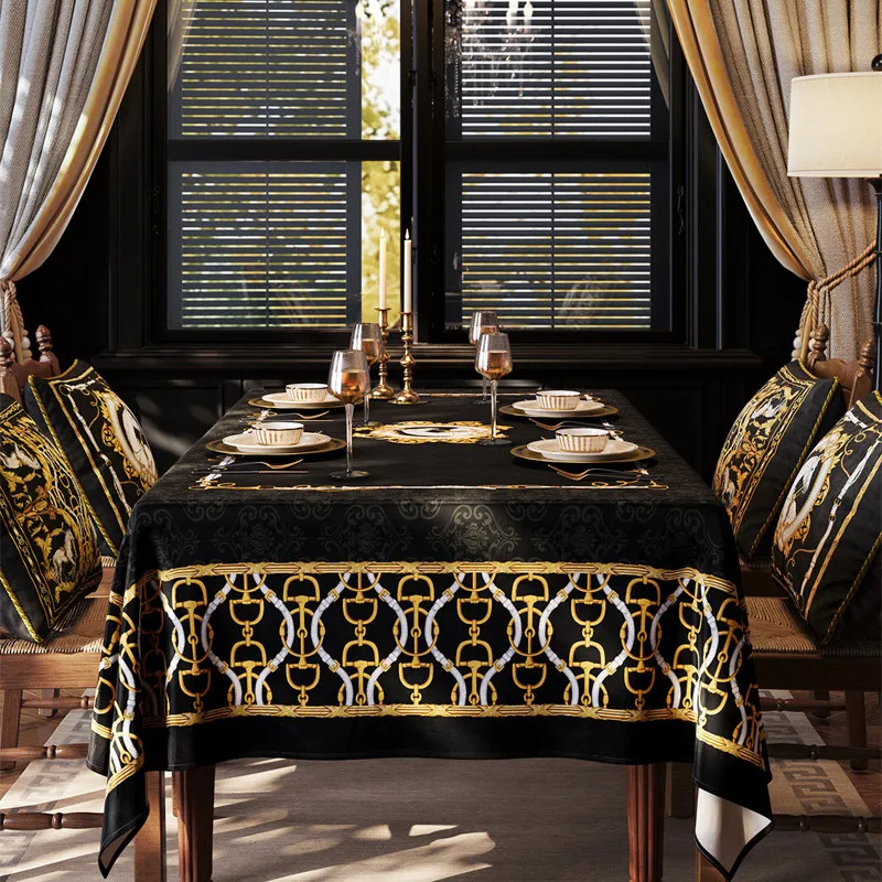 Luxury Baroque Black Gold Velvet Tablecloth Horse Print Washable Oblong Dinner Table Cover for Home Party Wedding Event Decor