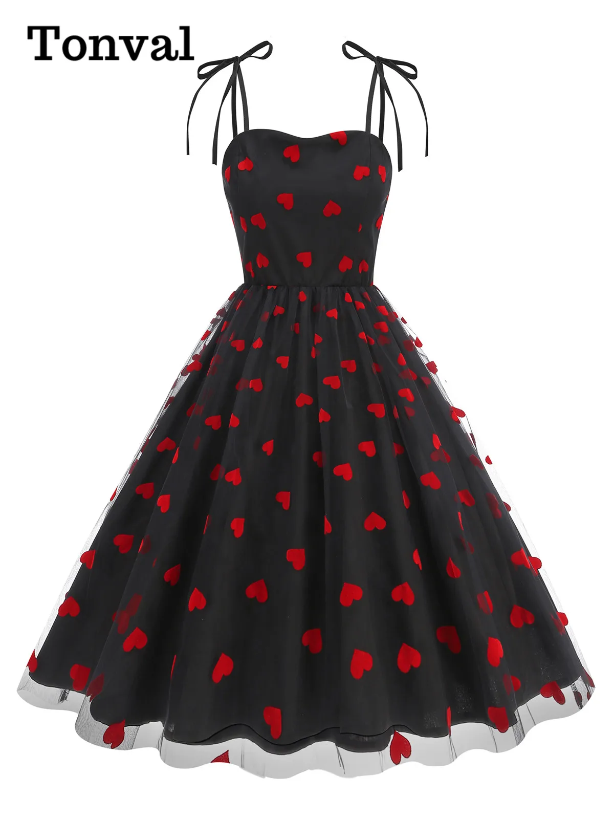 Tonval Knot Straps Heart Flocking 2025 Valentine's Day Dress Women Birthday Vintage Party Fit and Flare Summer Pleated Dresses