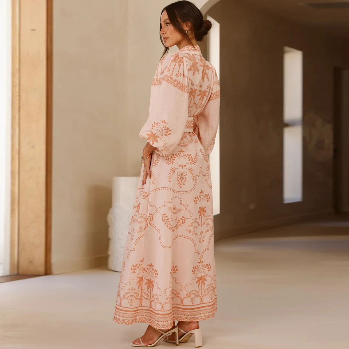 Frauen Hemd Kragen Vintage Floral Print Puff Sleeve Einreiher Frühling Sommer Lange A-linie Leinen Kleid