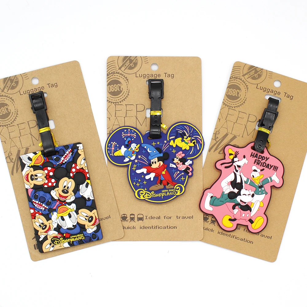 Etiqueta de Disney para equipaje, colgante con dibujos animados de Mickey y Minnie, accesorios de viaje para pareja, soporte para identificación de maleta portátil