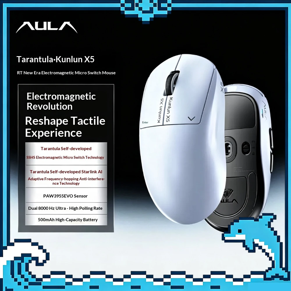 AULA Kunlun X5 Mouse Tri Mode Wireless Gaming Mouse PAW3955 EVO,SSHS Electromagnetic Micro Switch,8000Hz Polling Rate Mice