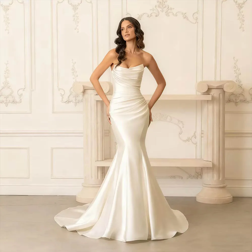 Customized trapless Boat Neckline Wedding Dress For Woman Bride Satin Mermaid Elegant Button Back Floor Length Bridal Gown