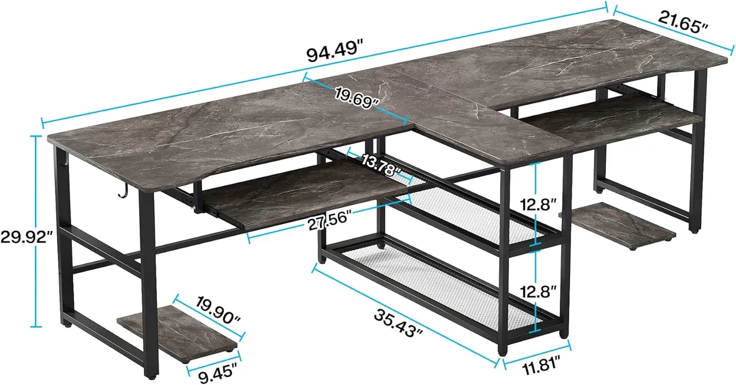 Tribesigns 94.5 inch Two Person Desk with Keyboard Tray, Extra Long Home Office Desk with Storage Shelves and Hooks,