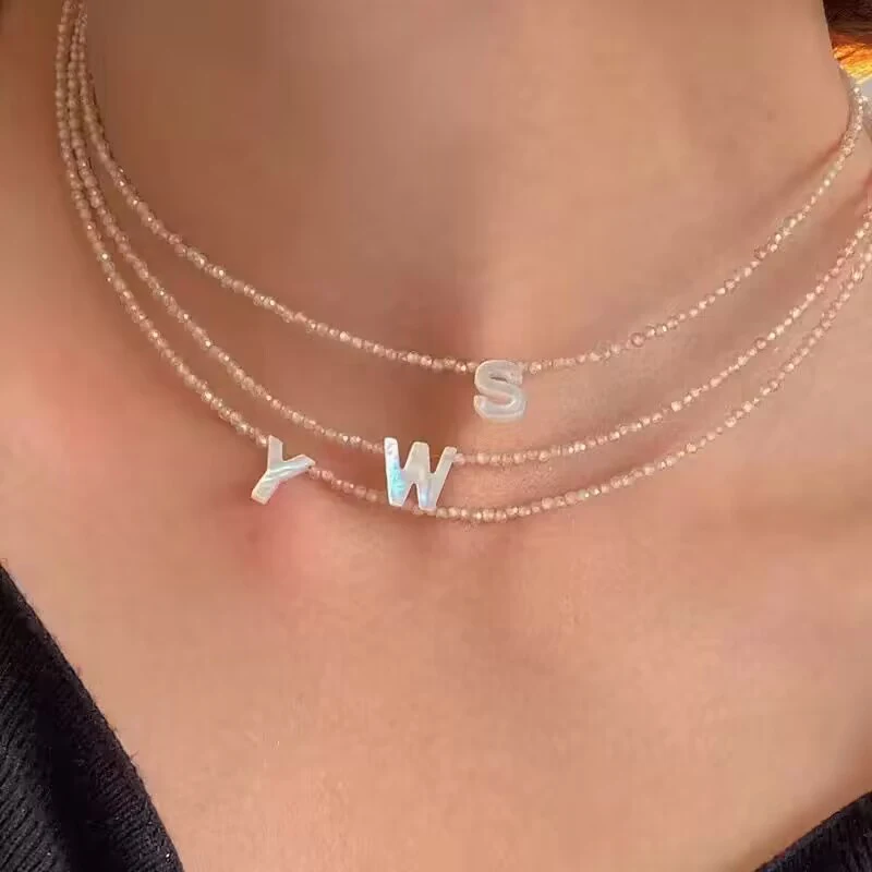 Stainless Steel Shell Initial Necklace Women Shining Crystal Mother of Pearl Letter Fashion Necklace Femmel Jewelry