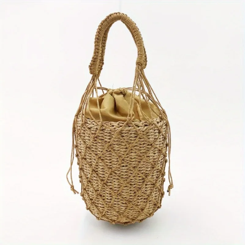 

1PC Hand-woven Handbag - Straw Bag Twine Net Bag Bucket Bag Summer Beach Bag Multi-functional Large Capacity