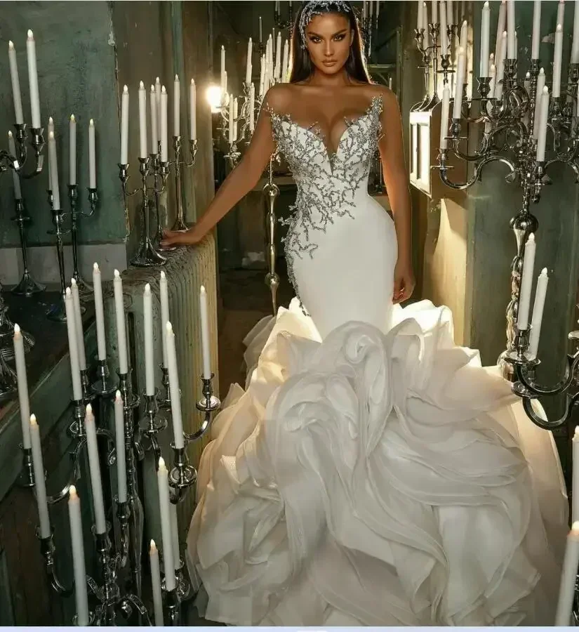 Customized Modern Beaded Sweetheart Mermaid Wedding Dresses Vestido De Novia Organza Tiered Ruffle Plus Size Bridal Gowns