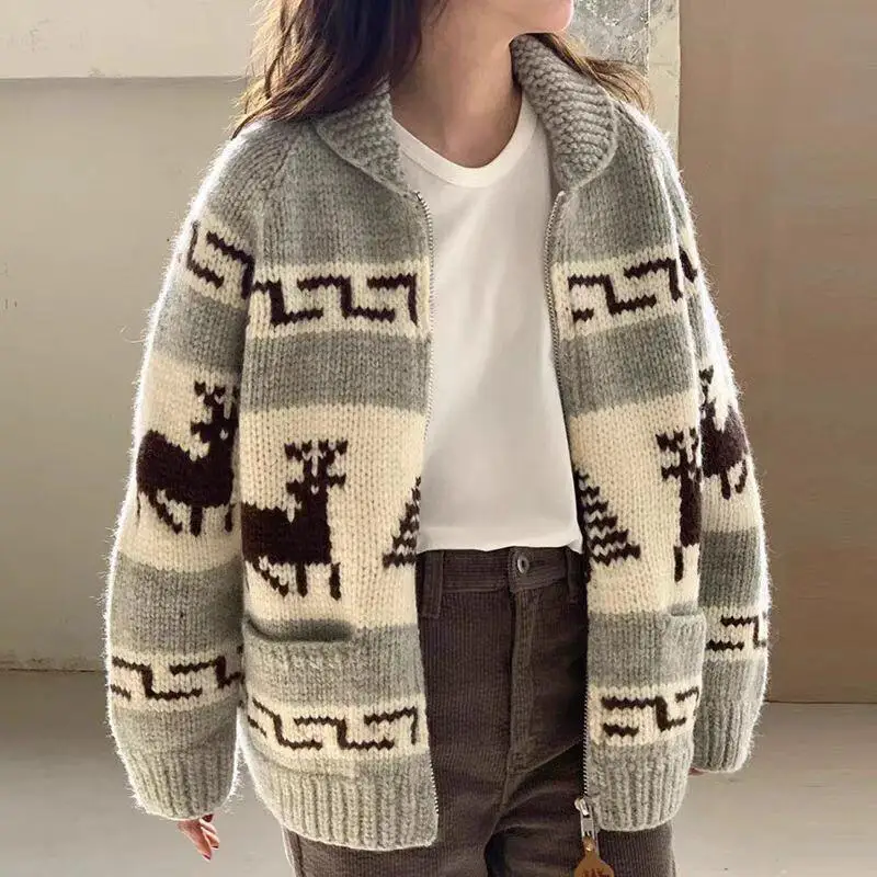 Korean Chic Christmas Knitted Cardigan Women Double Zipper Jacquard Pattern Lapel Sweater Autumn Winter Fashion Outerwear