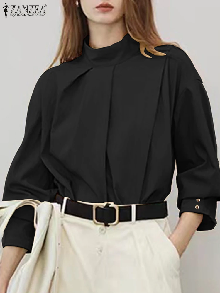 ZANZEA Fashion Pleated Blouses Women Streetwear Asymmetrical Hem Shirts Lantern Sleeve Casual Solid Blusas Mujer Fall 2024 Tops