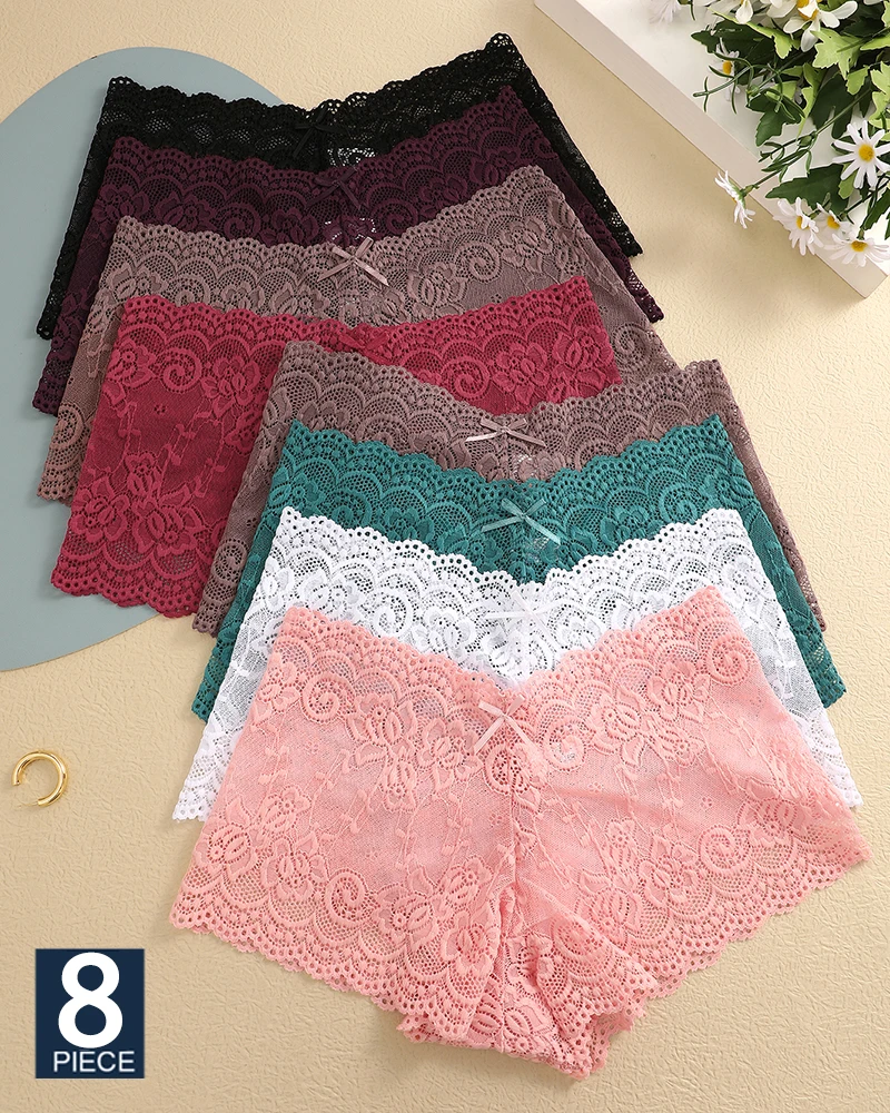 

FINETOO 8pcs Lace Floral Boyshorts Underwear for Women Sexy Hollow Out Solid Panties Female Low-Waist Breathable Girls Lingerie