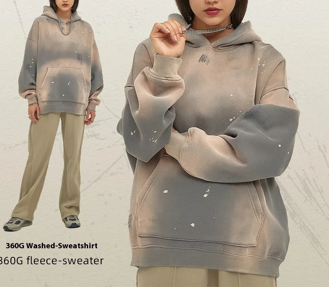 Abstract Splashed Ink Hoodies Men Heavyweight Vintage Streetwear Tattered Edges Oversized Drop Shoulder Thermal Lined Windproof