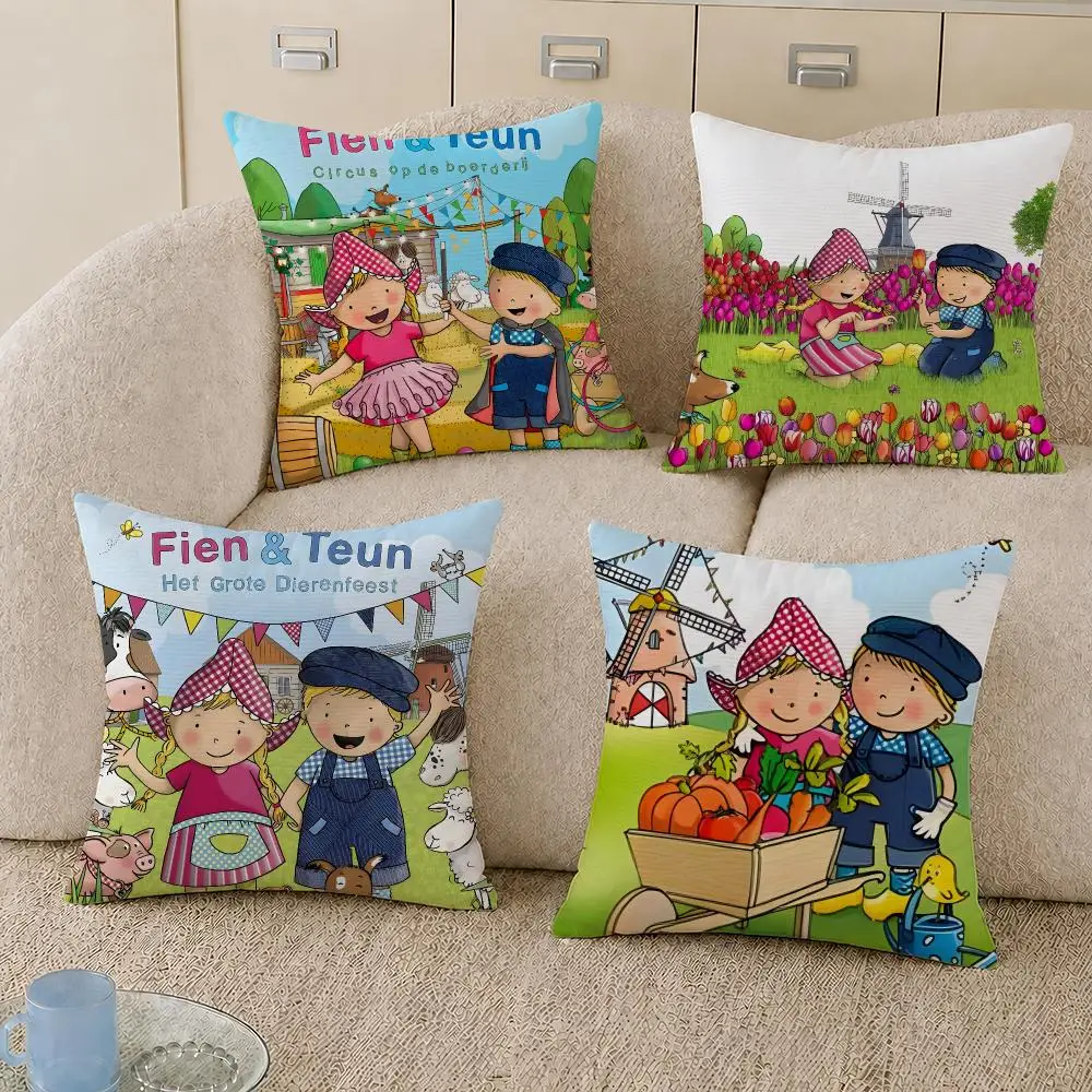 Cartoon Fien And Teun Dutch Series Cushion Cover Decorative Pillowcase Soft Short Plush Cozy Durable Sofa Home Decor Items Gift