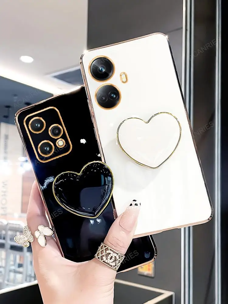 Realme 9 8 7 5 pro Love Heart Phone Holder Luxury Plating Case For oppo realme 10 pro plus 5i 8i 9i 4g 5g Stand Silicone Cover