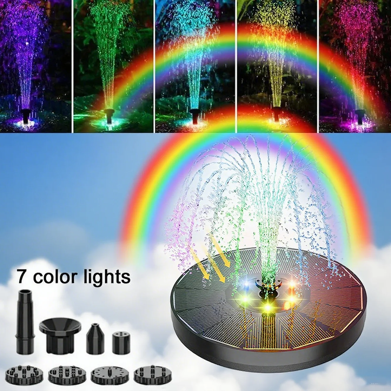 

Solar Fountain Water Pump with 12 LED Lights & 1200mAh Battery - 9 Nozzles, Floating Style for Bird Baths, Garden Ponds