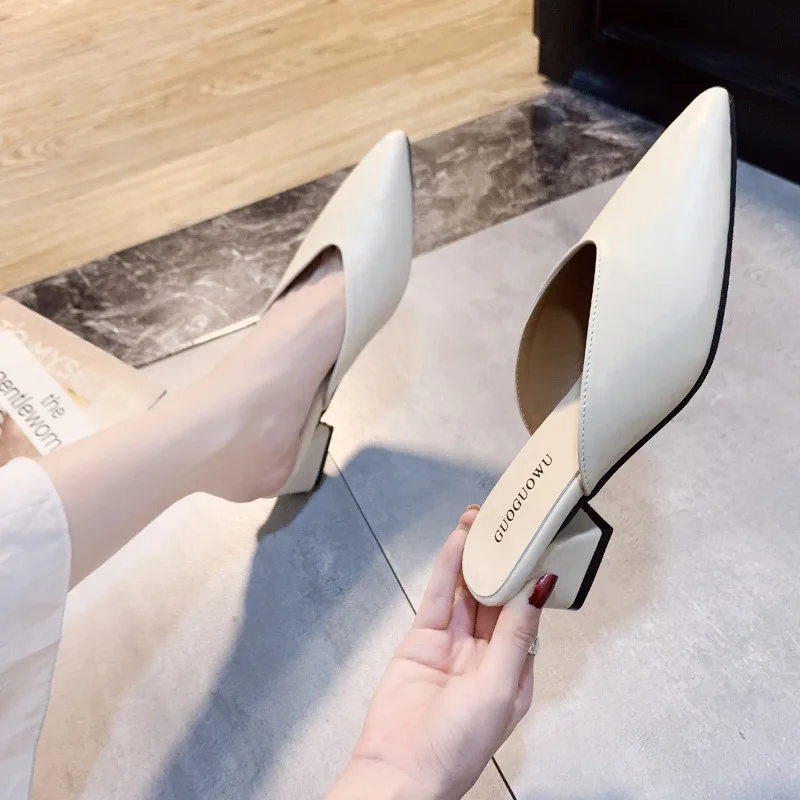 Pointed Slippers Women High Heels New Summer Shoes Fashion Luxury Square Heel Slides Slip Loafers Mules Black Female Party Shoes