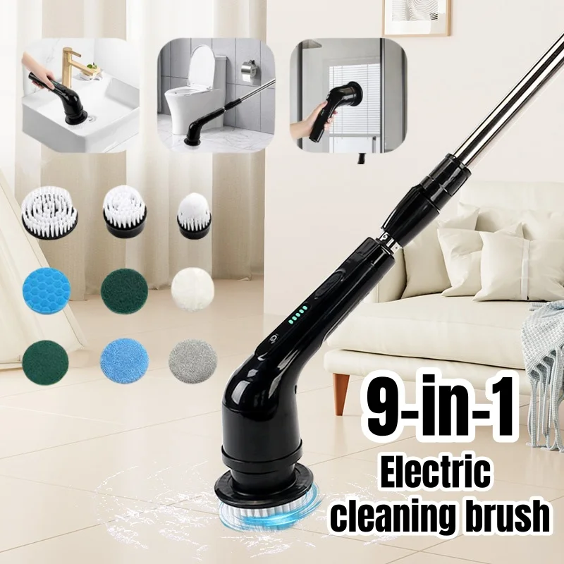 Multi-Function Wireless Electric Cleaning Brush 9 Replacement Heads Long Handle for Bathroom Kitchen Home Cleaning Rechargeable