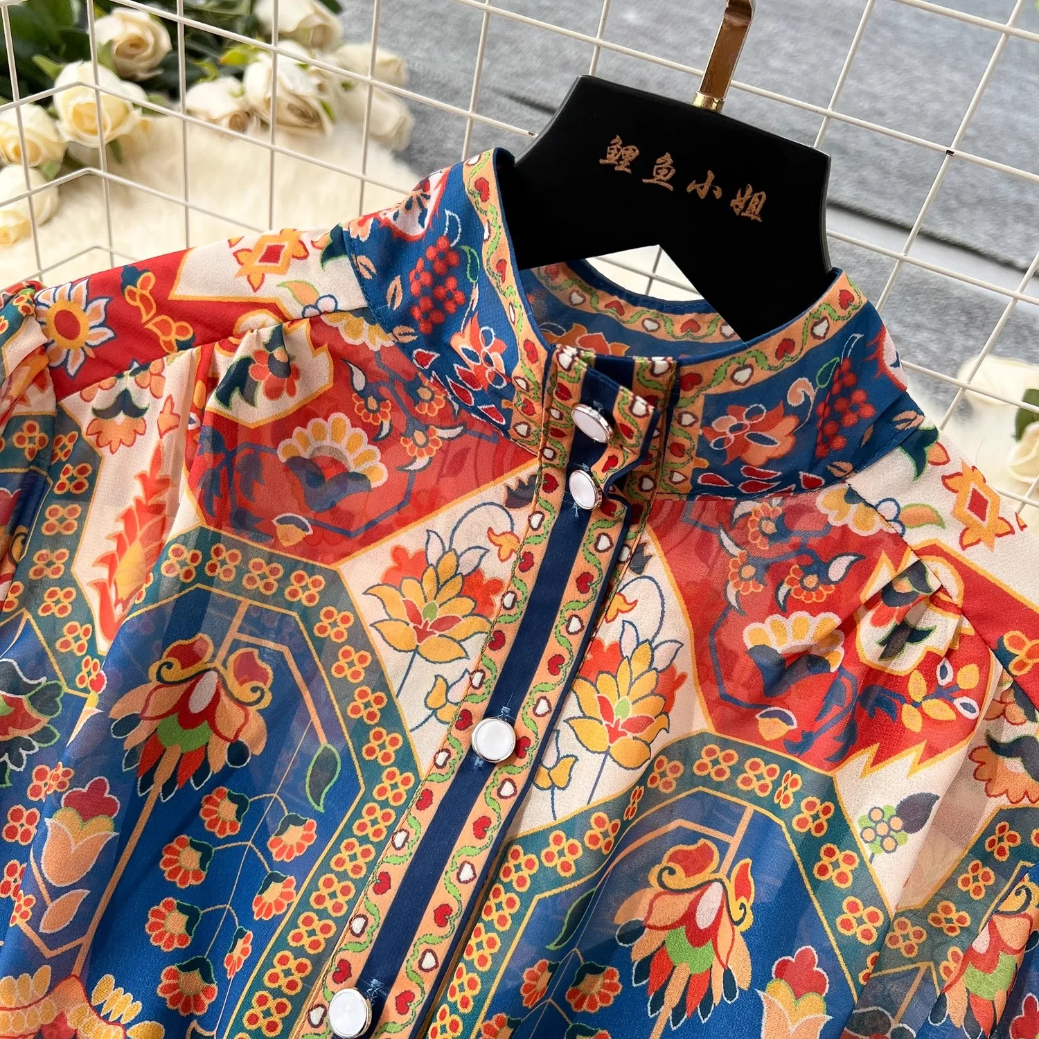 Fashion Bohemain Flower Maxi Dress Women's Stand Collar Long Lantern Sleeve Single Breasted Floral Print Belt Boho Robe Vestido