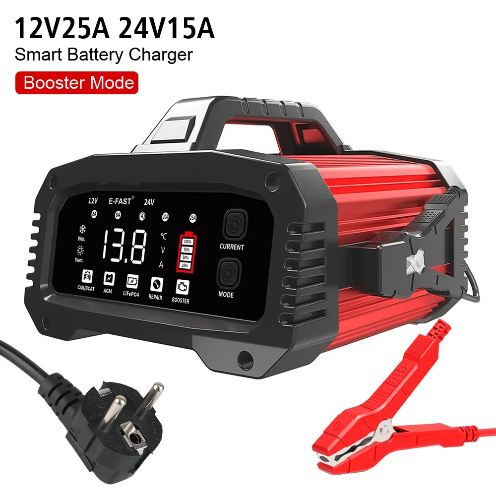 Car Booster Pulse Repair Smart Car Battery Charger Portable for 12V-24V Motorcycle Lead Acid AGM GEL LiFePo4 Batteries 25A/15A