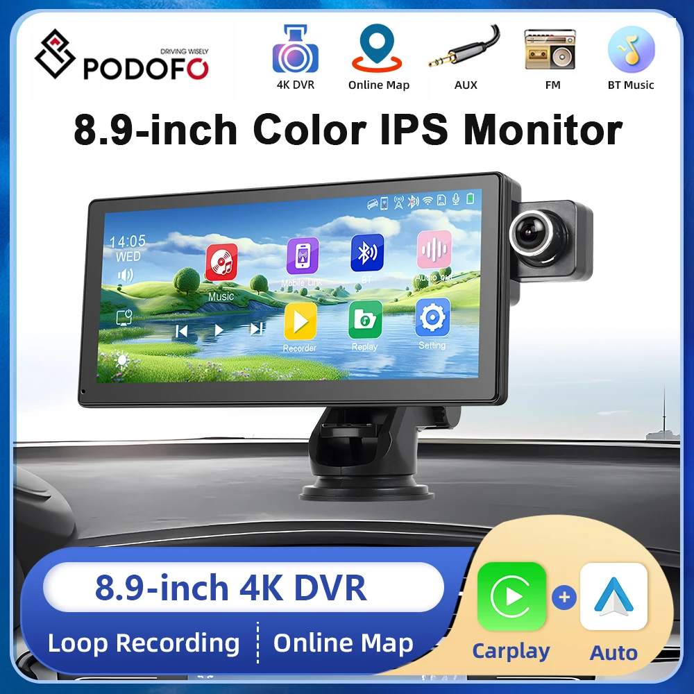 Podofo 8.9inch Car DVR Dash Cam Front 4K Camera Carplay Android auto Bluetooth FM AUX Car Video Recorder Dashboard Monitor