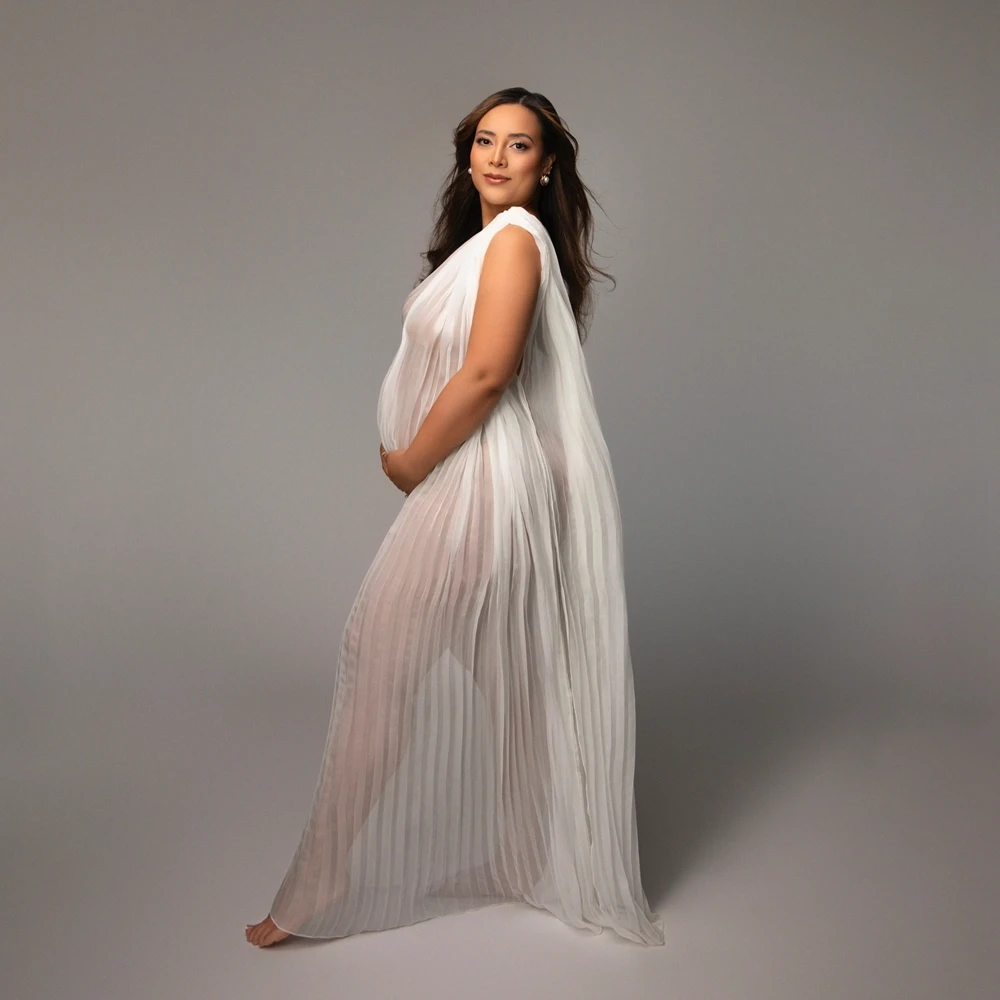 

Maternity Photography Dresses White Pleated Gown Sheer Pregnancy Photoshoot Clothing Studio Fine Art Long Cape Dress