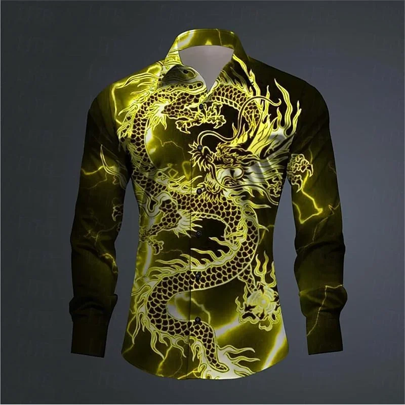 Men's Street 3D Dragon Print Long Sleeve Roll Up Button Up Shirt Outdoor Casual Beach Style Fashion Hawaiian Shirt