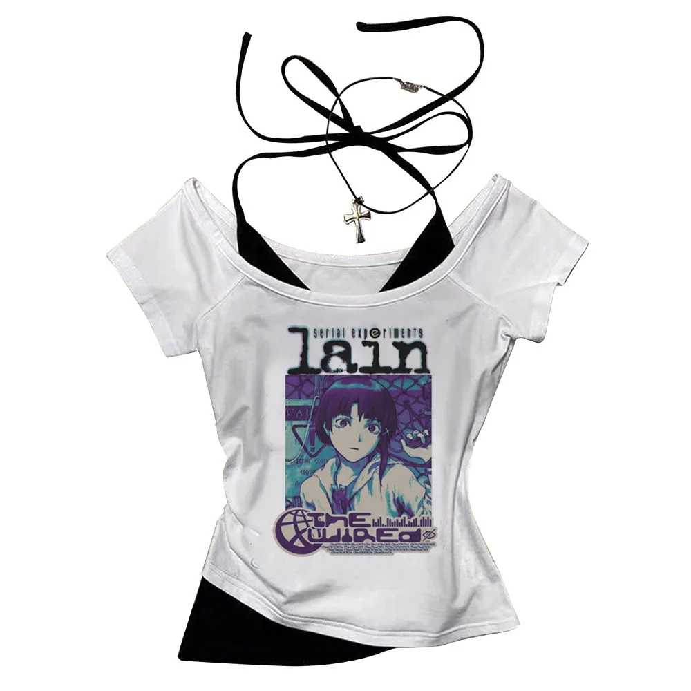 Serial Experiments Lain crop top Aesthetic Grunge 2025 cute Streetwear summer harajuku 2000s girls tshirt