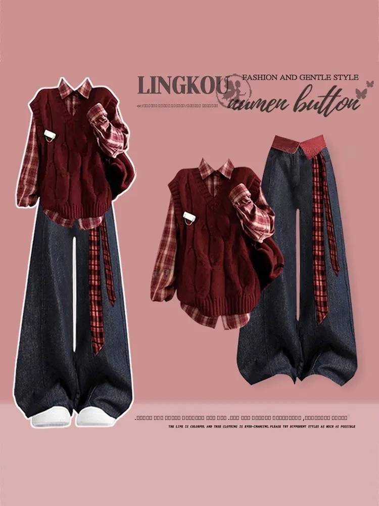 

plus Size Autumn Winter College Sle Set Women's Cisas Red Knitted Vest irt Slimming Vintage Jeans Tee Piece Set