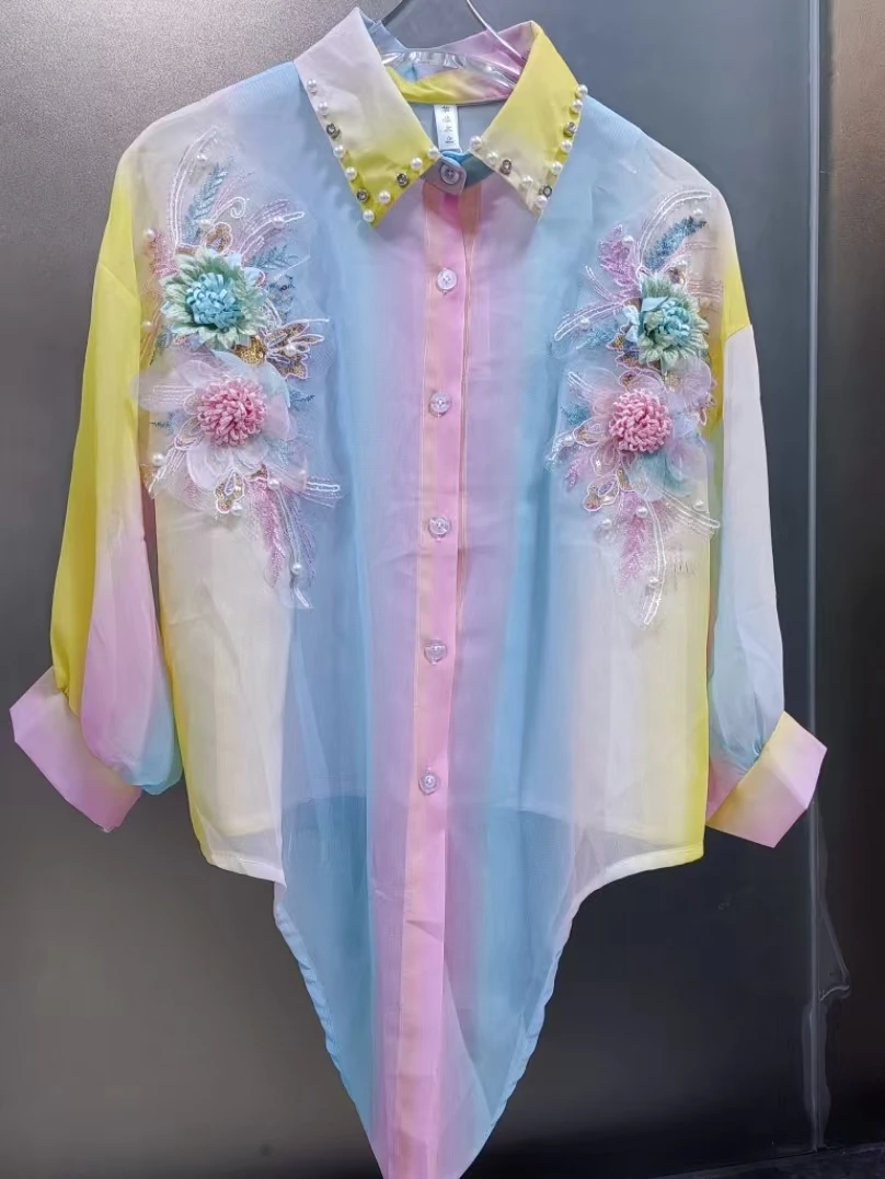 Blusas con protección solar de gasa de arcoíris y flores de estilo lujoso, camisas para mujer, ropa de calle, Tops cortos de verano, ropa Popular coreana