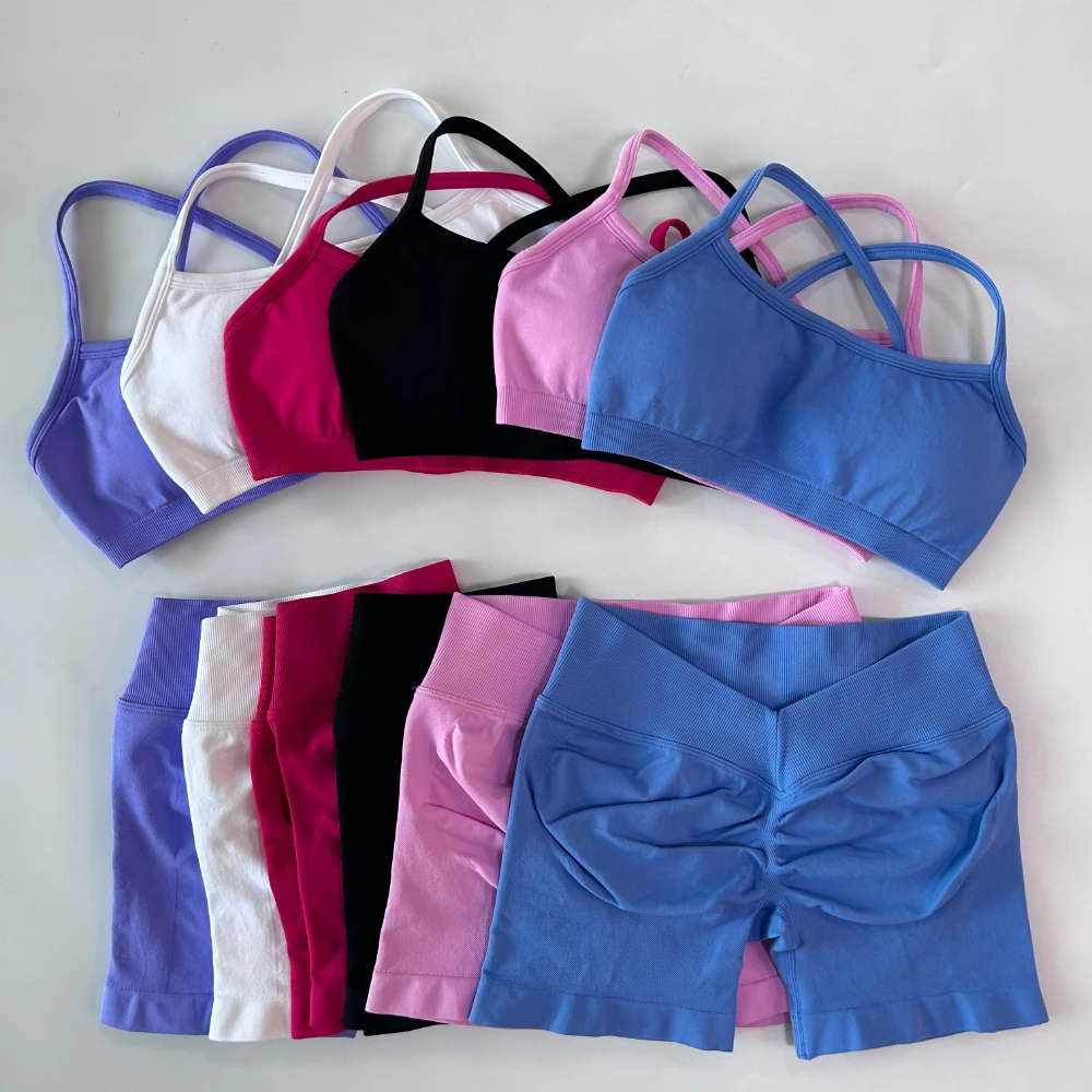 2-teiliges Set für Damenbekleidung, nahtlose Scrunch-Yoga-Shorts, rückenfreier KTP-Sport-BH, Fitness-Workout-Top, Gym-Set-Outfits – Detail 6