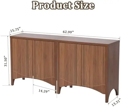 خزانة جانبية مخددة مع أرفف قابلة للتعديل، بوفيه بأربعة أبواب من خشب الجوز المقوس