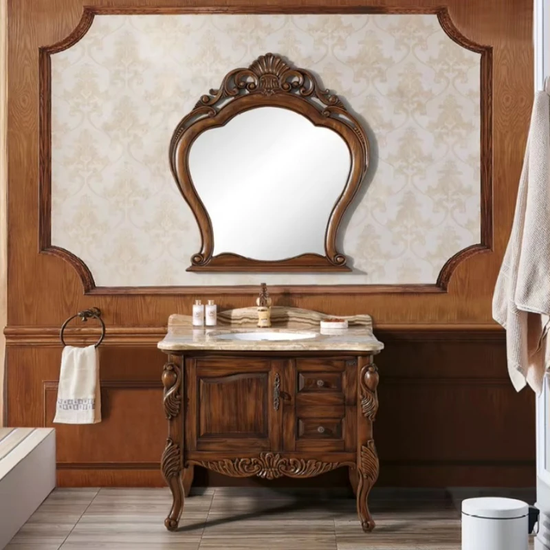 Solid red oak lacquered antique bathroom cabinet with marble countertop wash basin