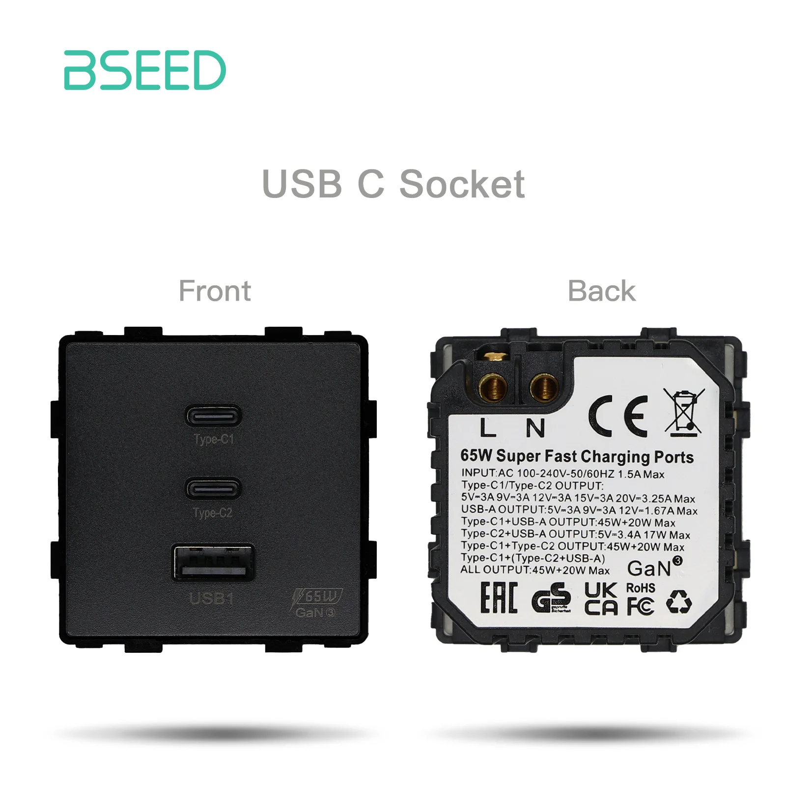 BSEED-enchufe de pared Universal, pieza de función de 65W PD, puerto de carga rápida, adaptador de carga rápida USB tipo C, pieza de módulo DIY sin marco