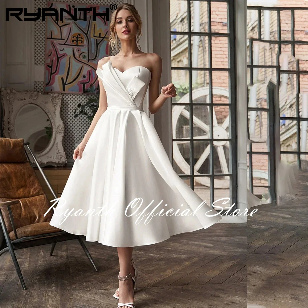 Elegant Short Wedding Dress Women Beading A-Line Spaghetti Strap Open Back Square Collar Bridal Gown Above Knee Vestido De Noiva