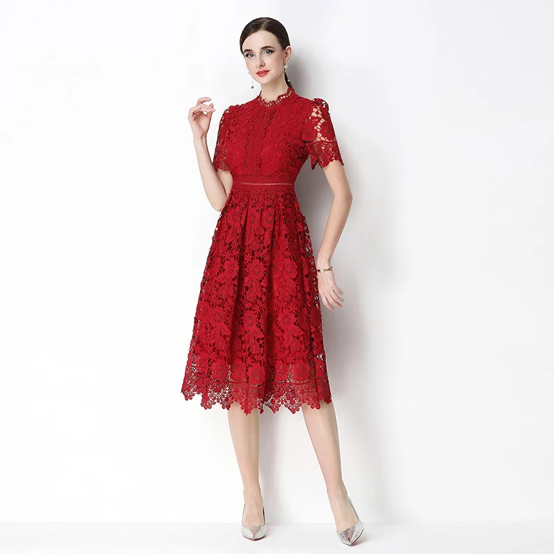 

Summer New Hook Flower Hollow Lace Dress Women's Temperament Stand Collar Short Sleeve High Waist Slim Long Dress Party Dress