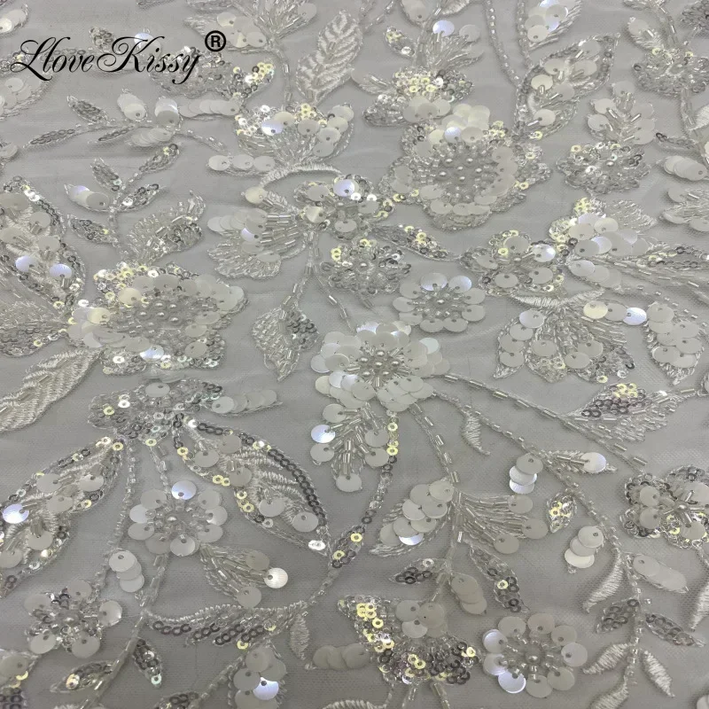 New Plant Bead+sequin Embroidery Lace Fabric Wedding Dress High Quality Bead Embroidery Lace Fabric 5Yards  Width 125CM